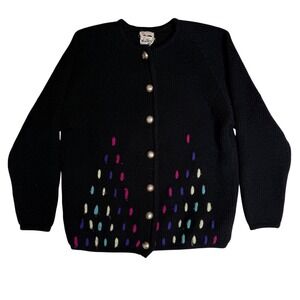 Vintage Mr. Dino 100% Wool Black Cardigan Sweater Made in Italy Embroidered Sm